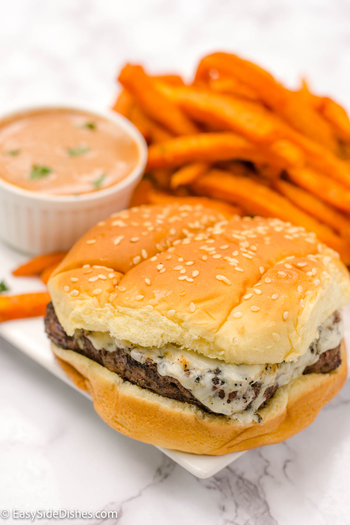 burger on plate with sweet potato fries